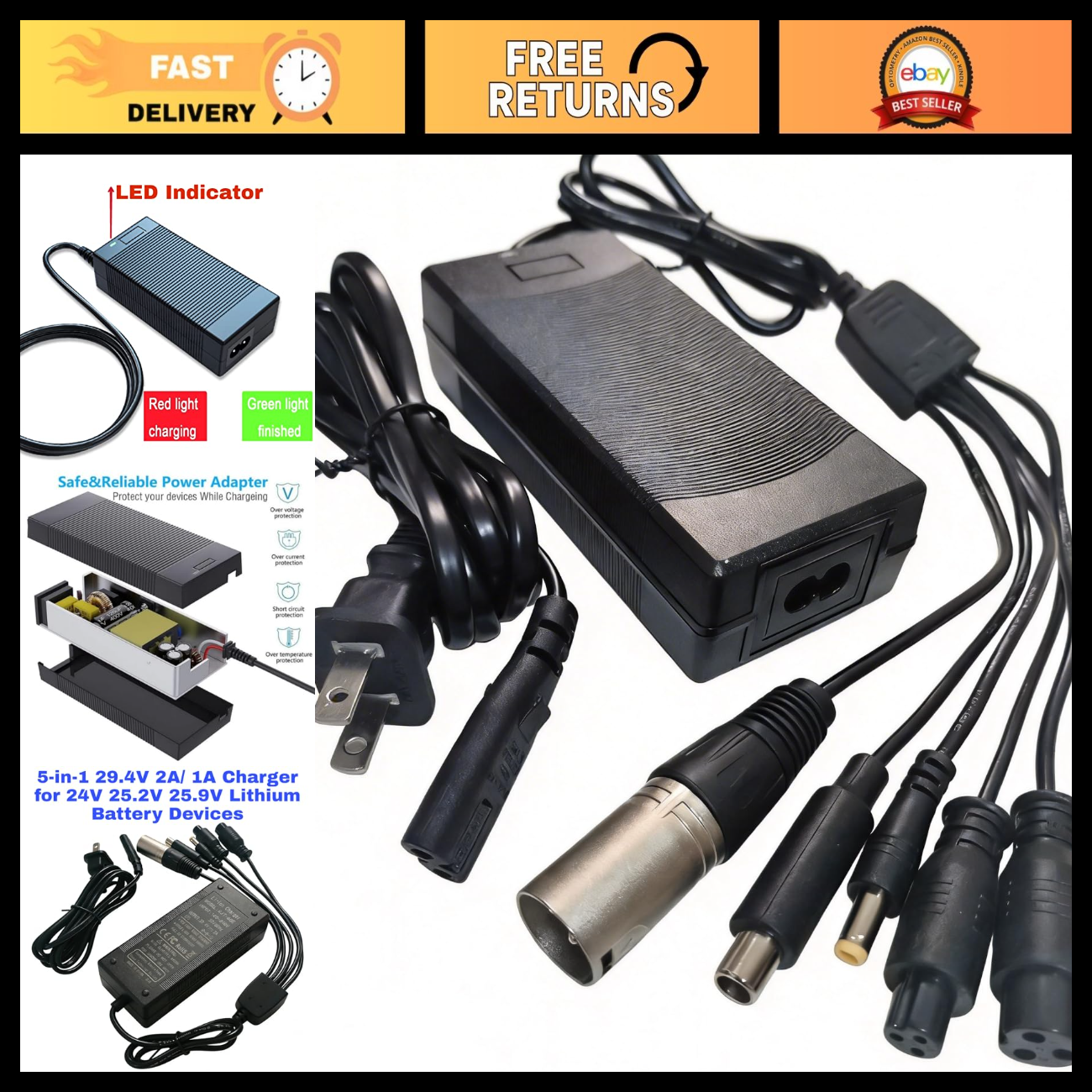 24V 2A Universal Electric Wheelchair Charger, 5 Plugs for 7S Lithium Batteries