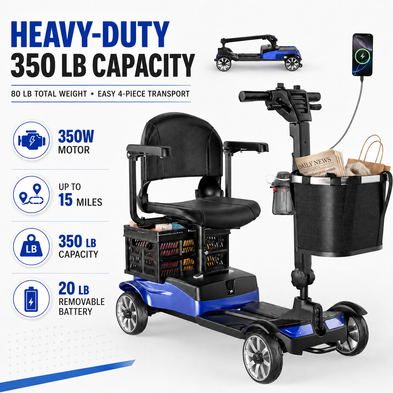 4 Wheel Electric Mobility Scooter for Adults Seniors 350W 350LB Swivel Seat Blue
