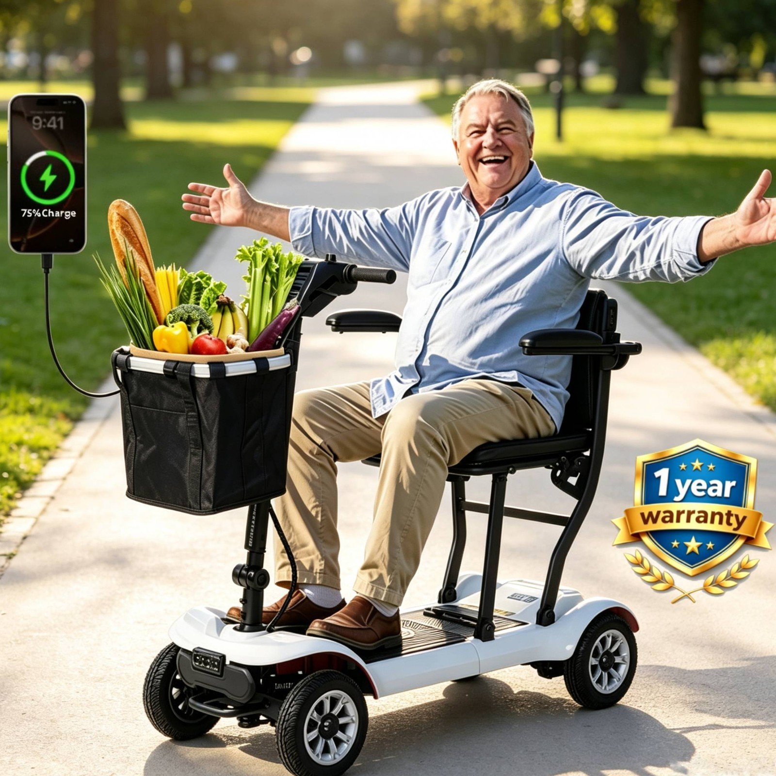 4 Wheel Folding Mobility Scooter Electric Power Wheelchairs Long Range 18.6Miles