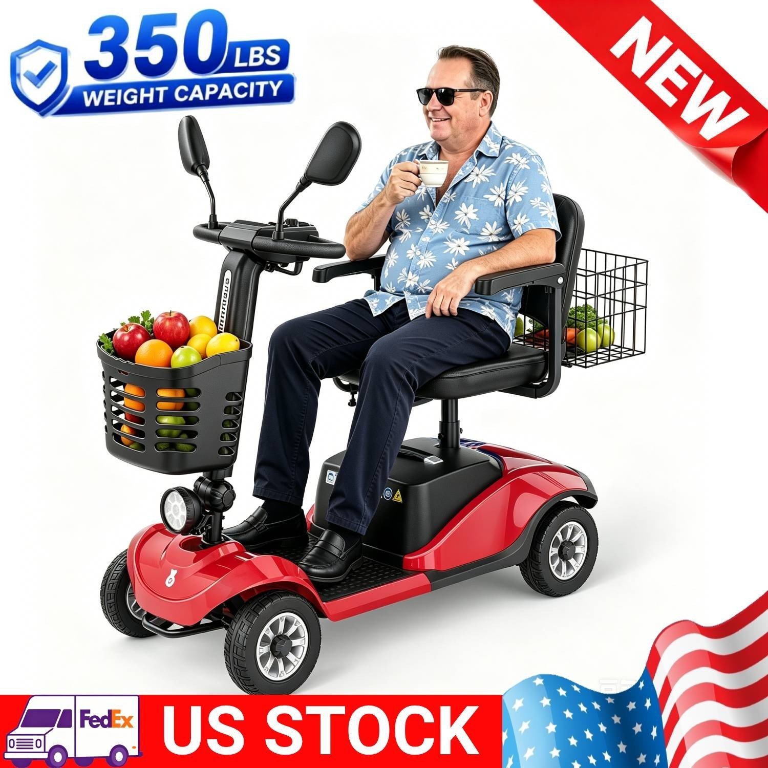 4 Wheel Folding Mobility Scooter Electric Power Wheelchairs Long Range 350LBS