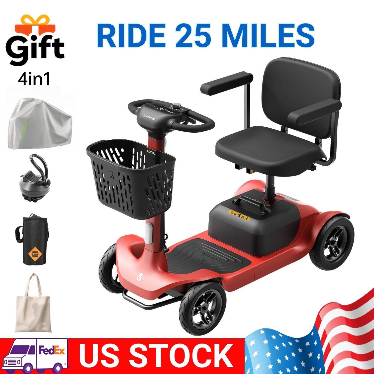 4-Wheel Mobility Scooter for Adults Seniors 25 Mile 300lbs Electric Scooter Red