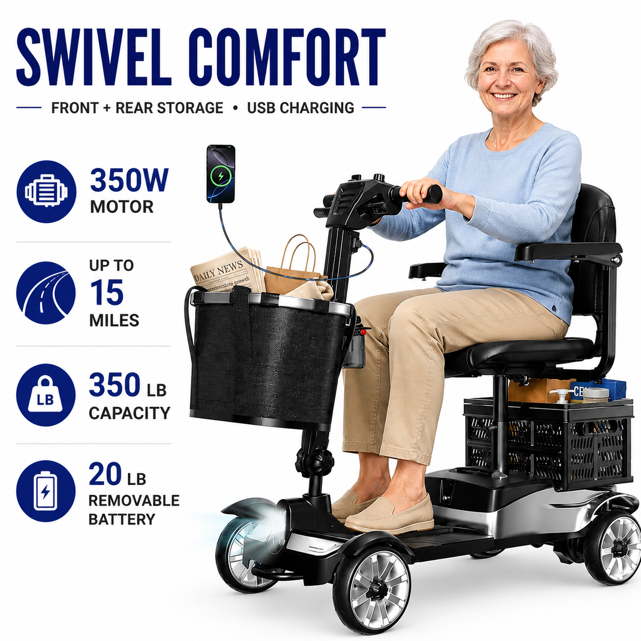 4 Wheel Mobility Scooter for Adults Seniors 350W 15Mile 350LB Swivel Seat Silver