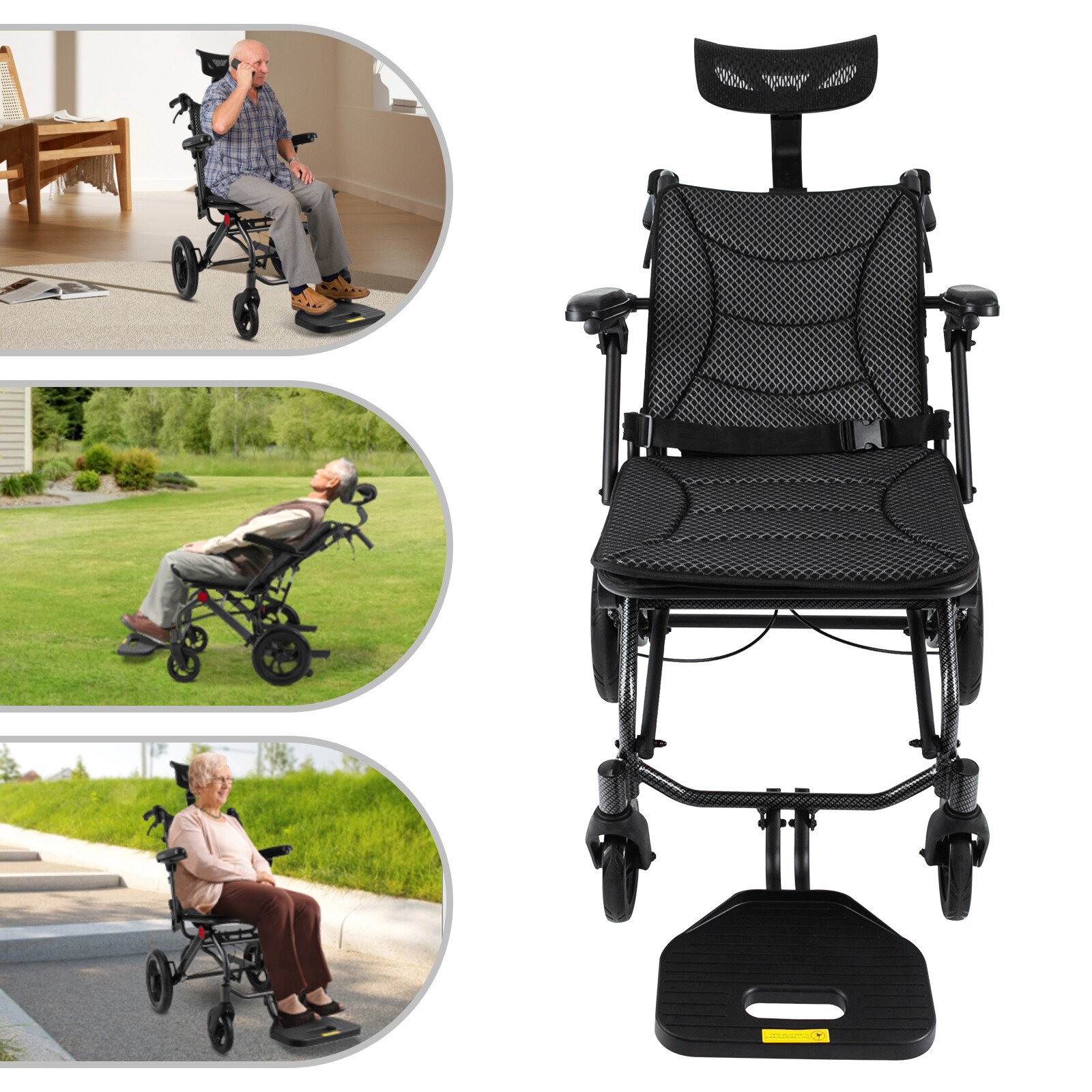All Terrain Reclining Foldable Wheelchair For Adult 90-175° w/Removable Headrest