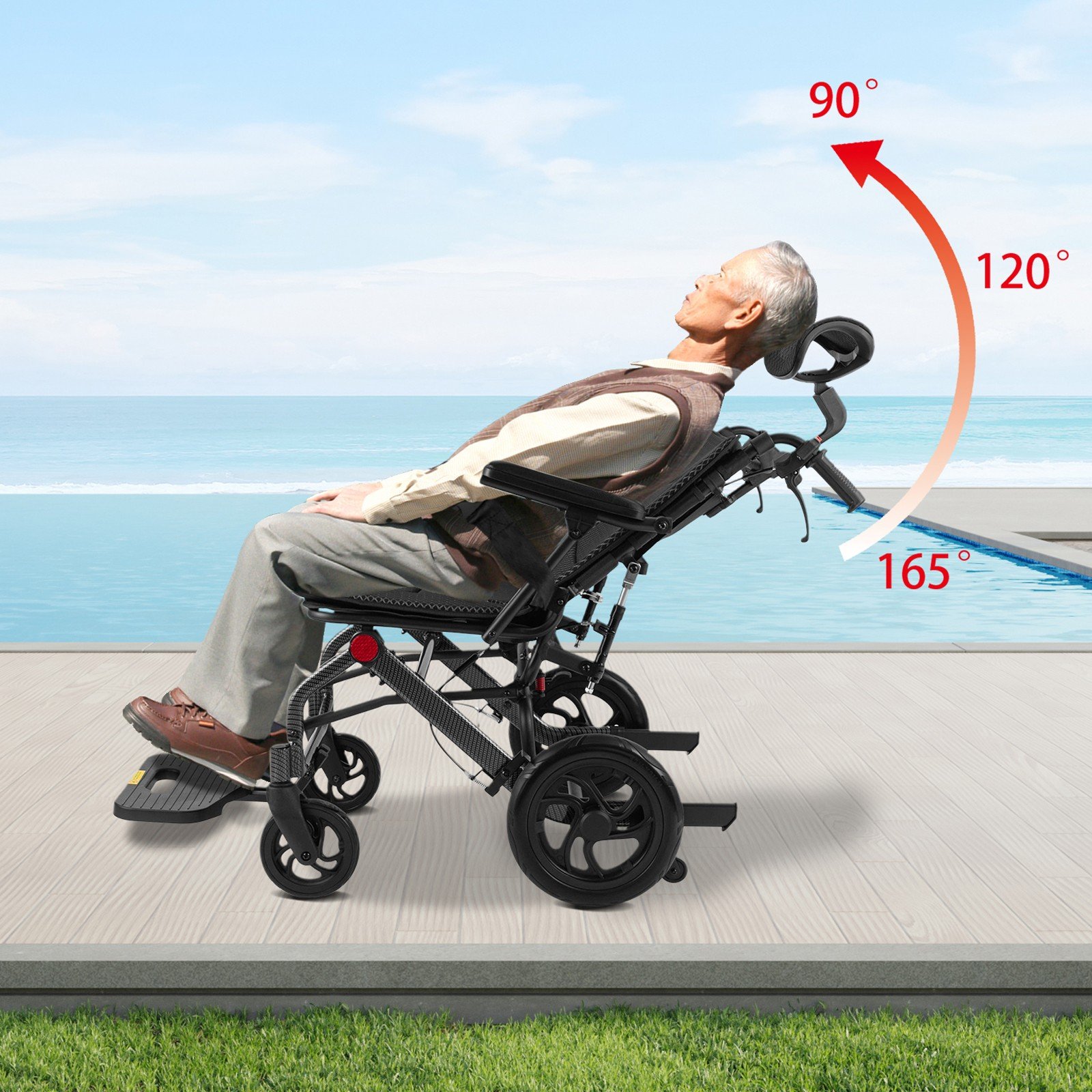 All Terrain Reclining Foldable Wheelchair For Adult 90-175° w/Removable Headrest