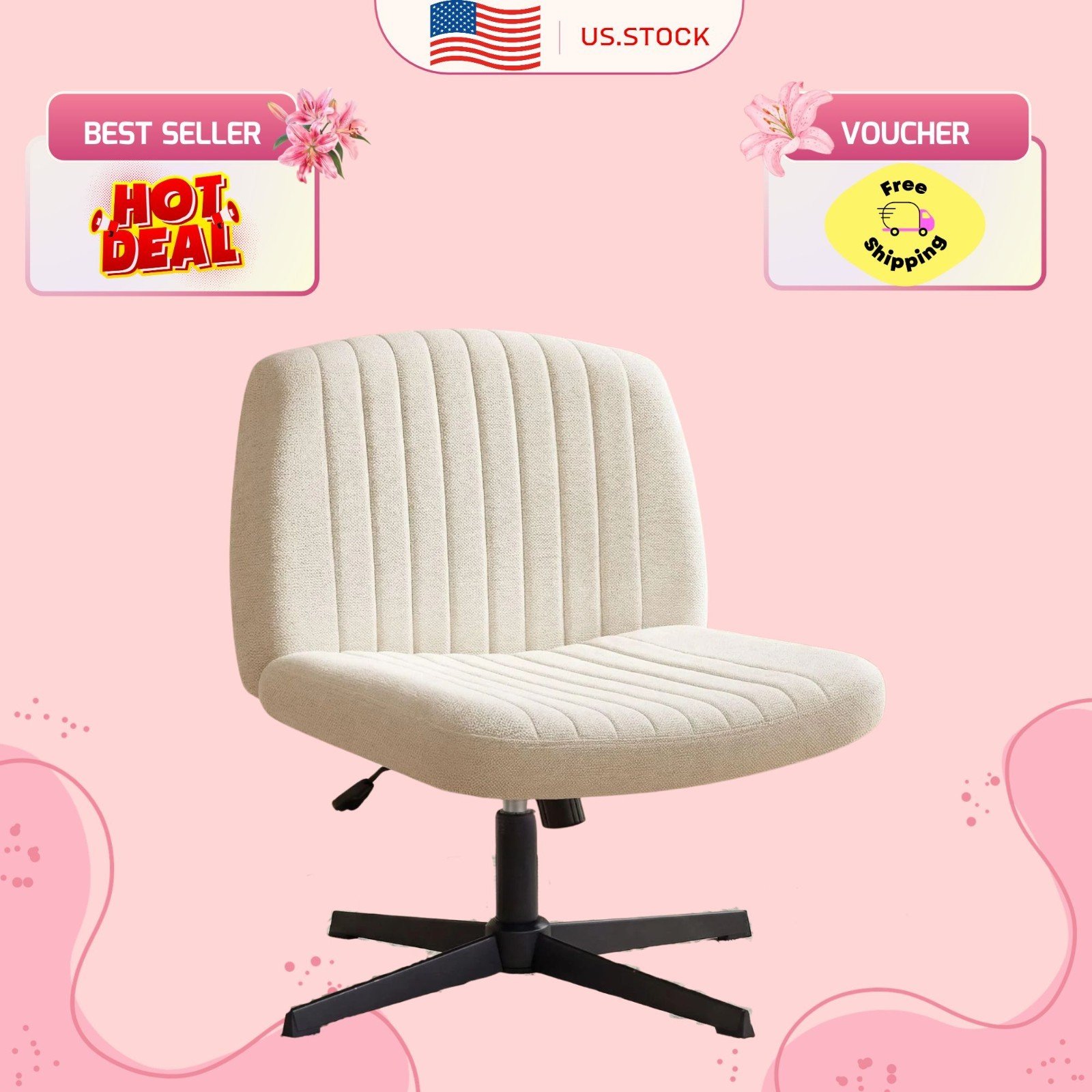 Beige Fabric Wide Criss Cross Vanity Chair, No Wheels