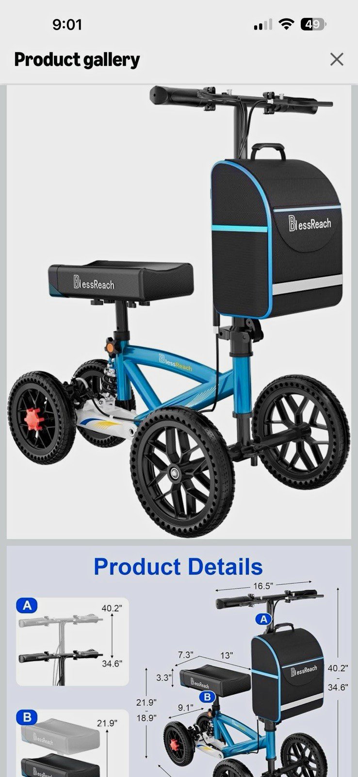 BlessReach 4-Wheel All-Terrain Knee Walker Non-Slip Tires Disc Brakes 300lb