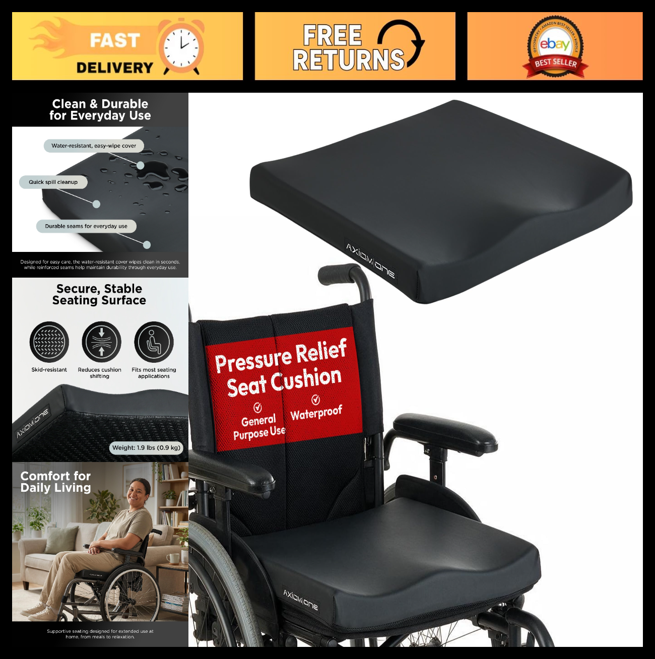 Comfortable Wheelchair Cushion 18x20 Inch, Pressure Relief, Black, Durable Suppo