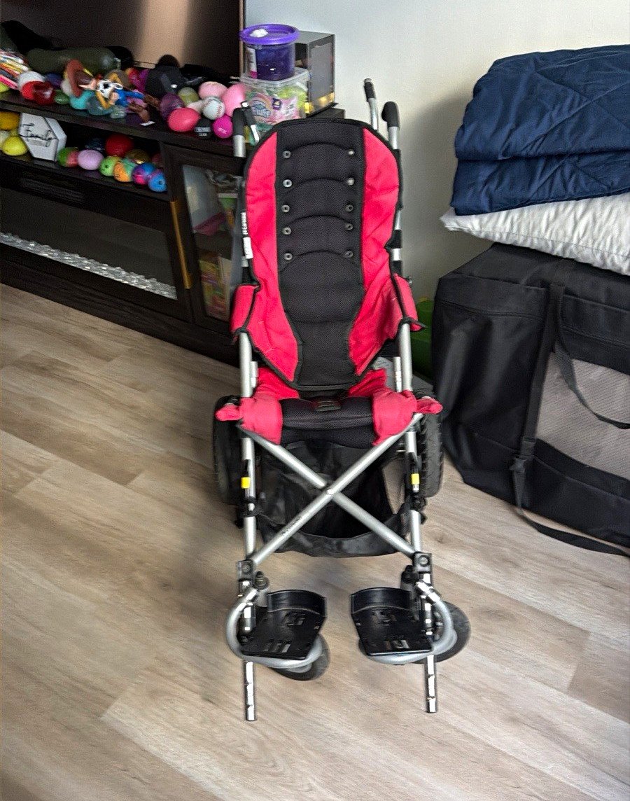 Convaid Rehab Stroller Red/Black Foldable Adjustable Footrests 4-Wheel