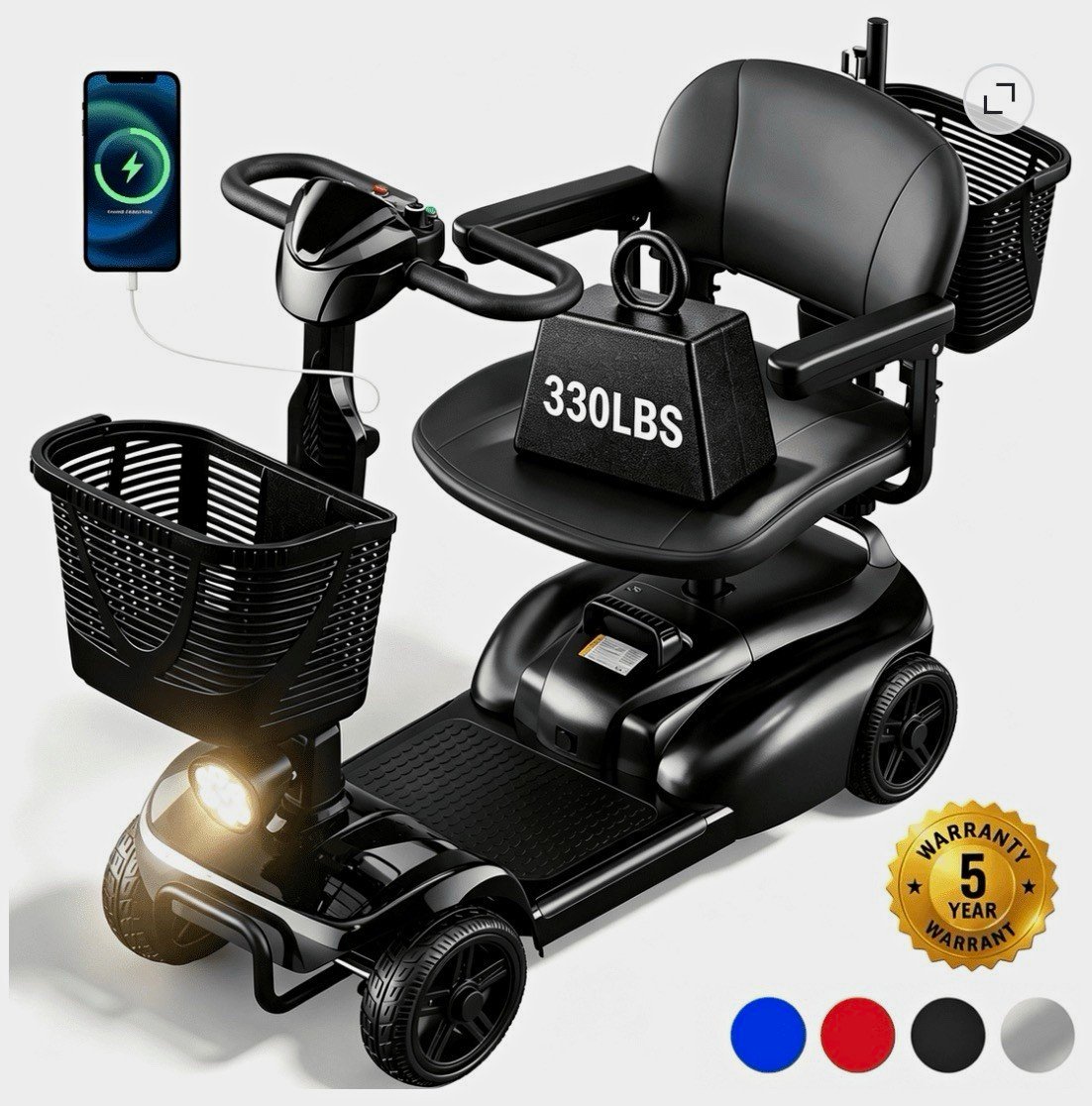 SACVON 4 Wheel Mobility Scooter for Seniors, with 330 Ibs Capacity, 250W Motor