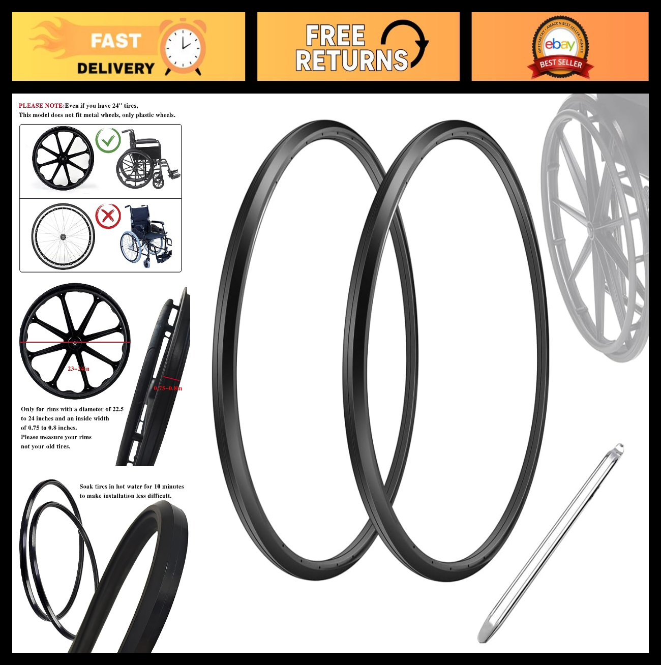 Universal 24" Flat-Free Wheelchair Rear Wheel Replacement Tires with Tools - 1 P
