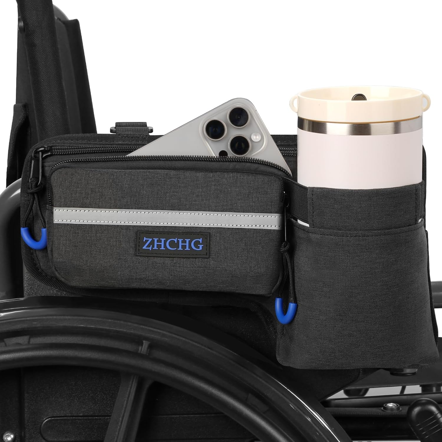 Upgraded Wheelchair Side Bag with Cup Holder, Wheel Chair Accessories Pouch