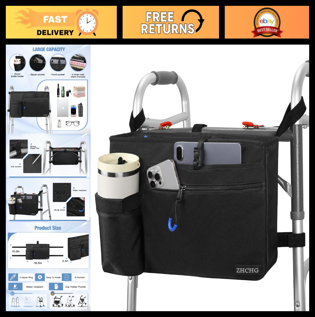 Walker Bag with Cup Holder, Detachable Walker Accessories for Seniors, Mobility